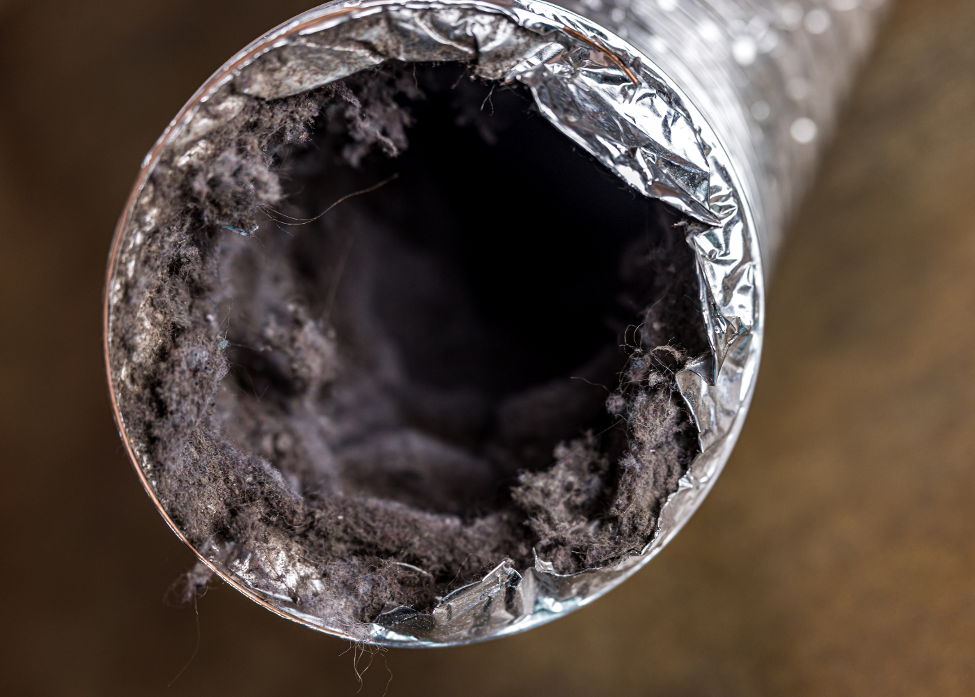 Top view of the opening of a used aluminum soda can, showing inner lining and some residual debris.
