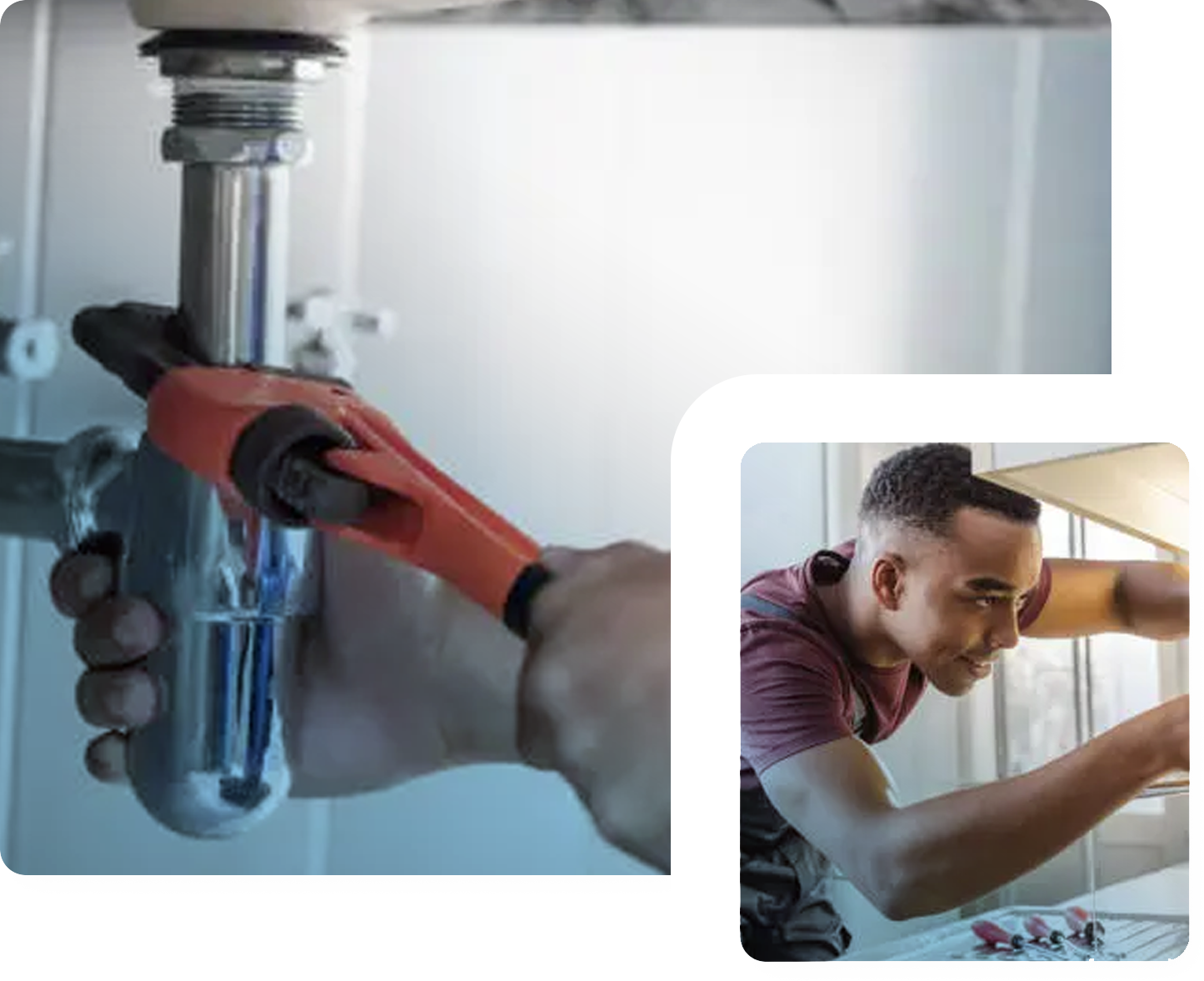 A person using a test instrument under a microscope and a man working on a project at a desk.